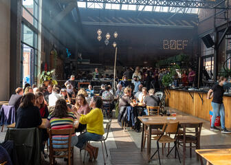 Inside view of the restaurant. The sunlight shines into the old restaurant building.