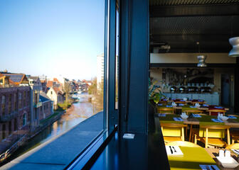 breakfast area with view over the Ghent canals 